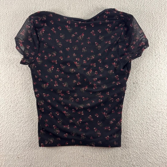 Aeropostale Floral Mesh Tie Front Top Black‎ V Neck Short Sleeve Y2K Baby Doll - Picture 5 of 6
